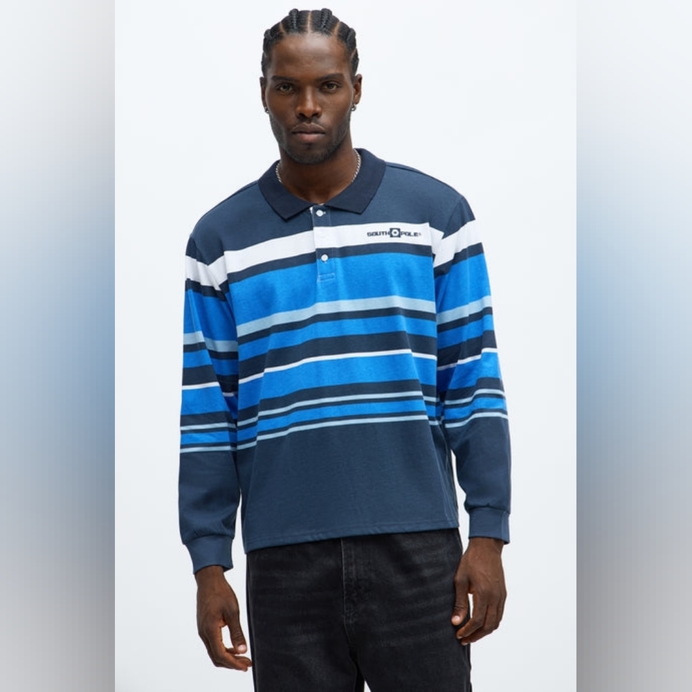 Southpole Long Sleeve Blue Mid Striped Polo Shirt